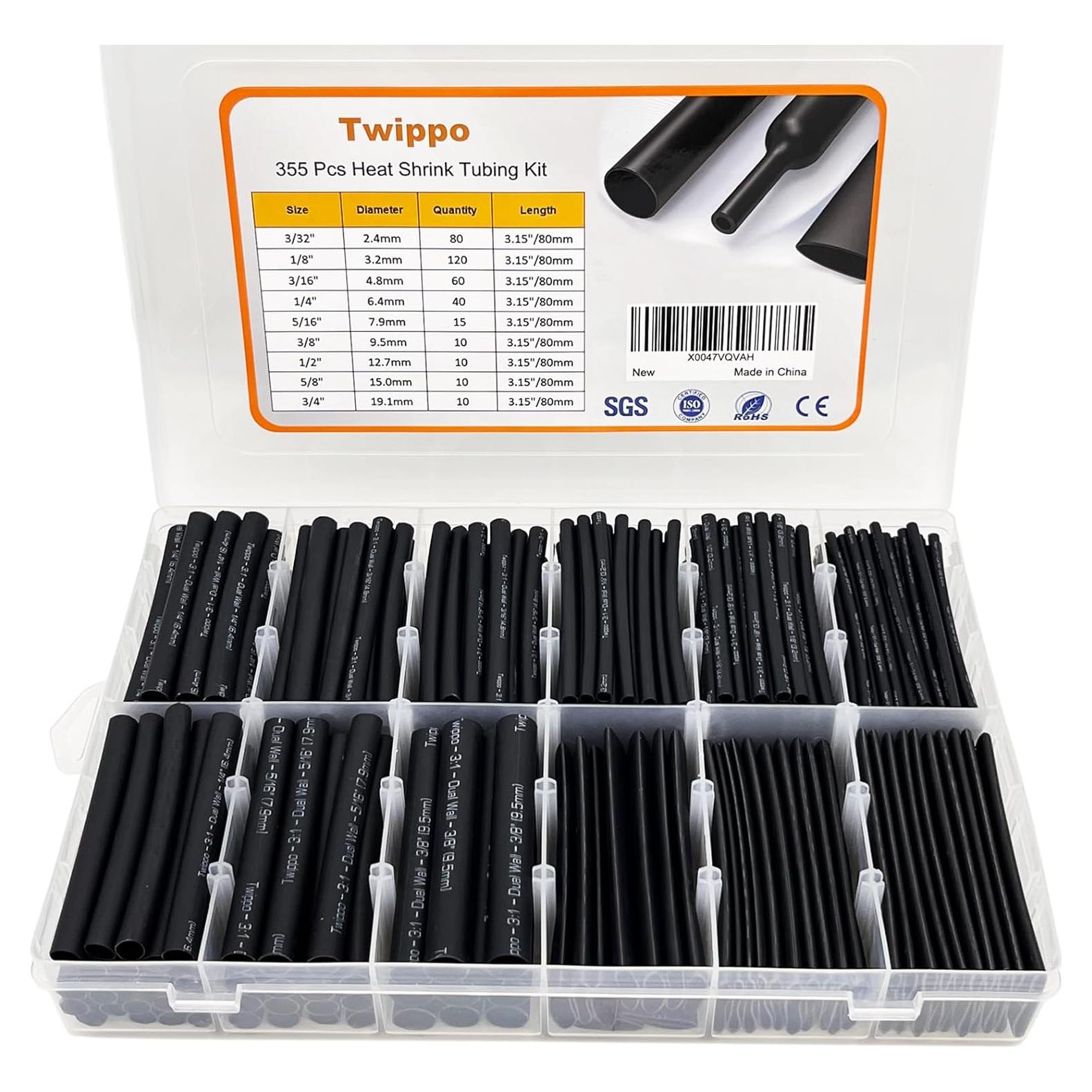 Kit de Tubos Termocontraíbles 355pcs Twippo 3:1 Negro 80mm