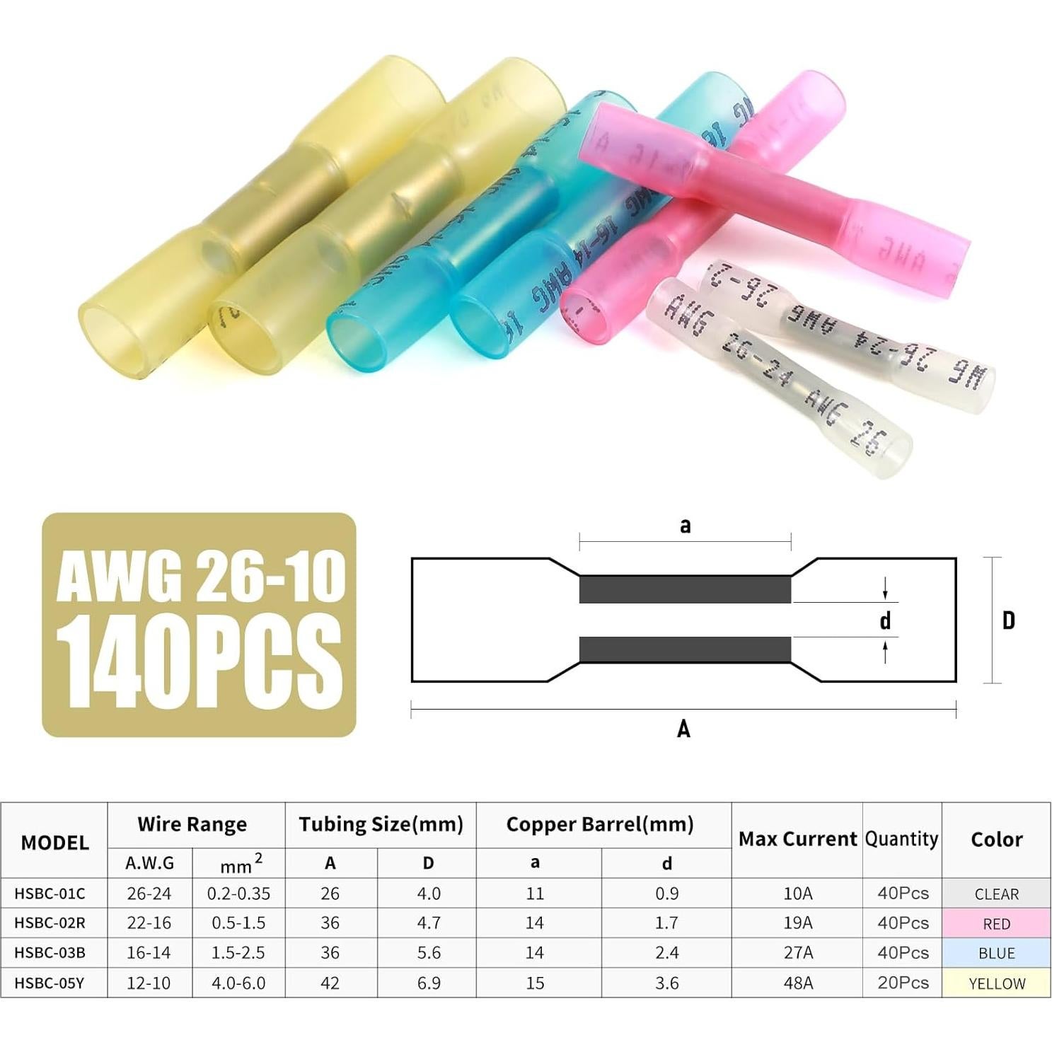 Kit de Conectores Termorretráctiles VAMRONE 140Pcs 26-10 AWG