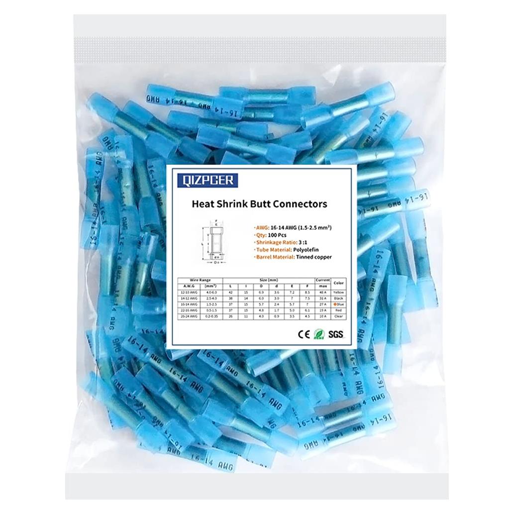 Conectores de Manguito Termoretráctil Qizpcer 100Pcs 16-14 AWG Azul