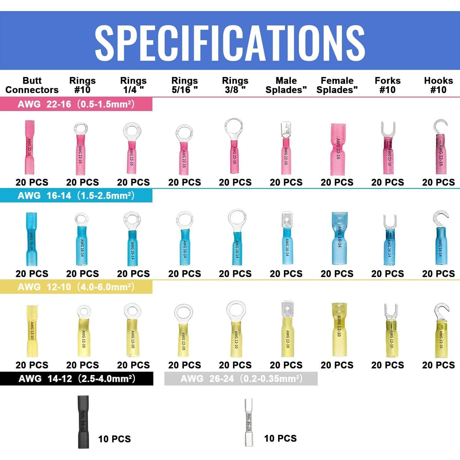 Kit 560 Conectores Termorretráctiles Qibaok 12-10 a 22-16 AWG
