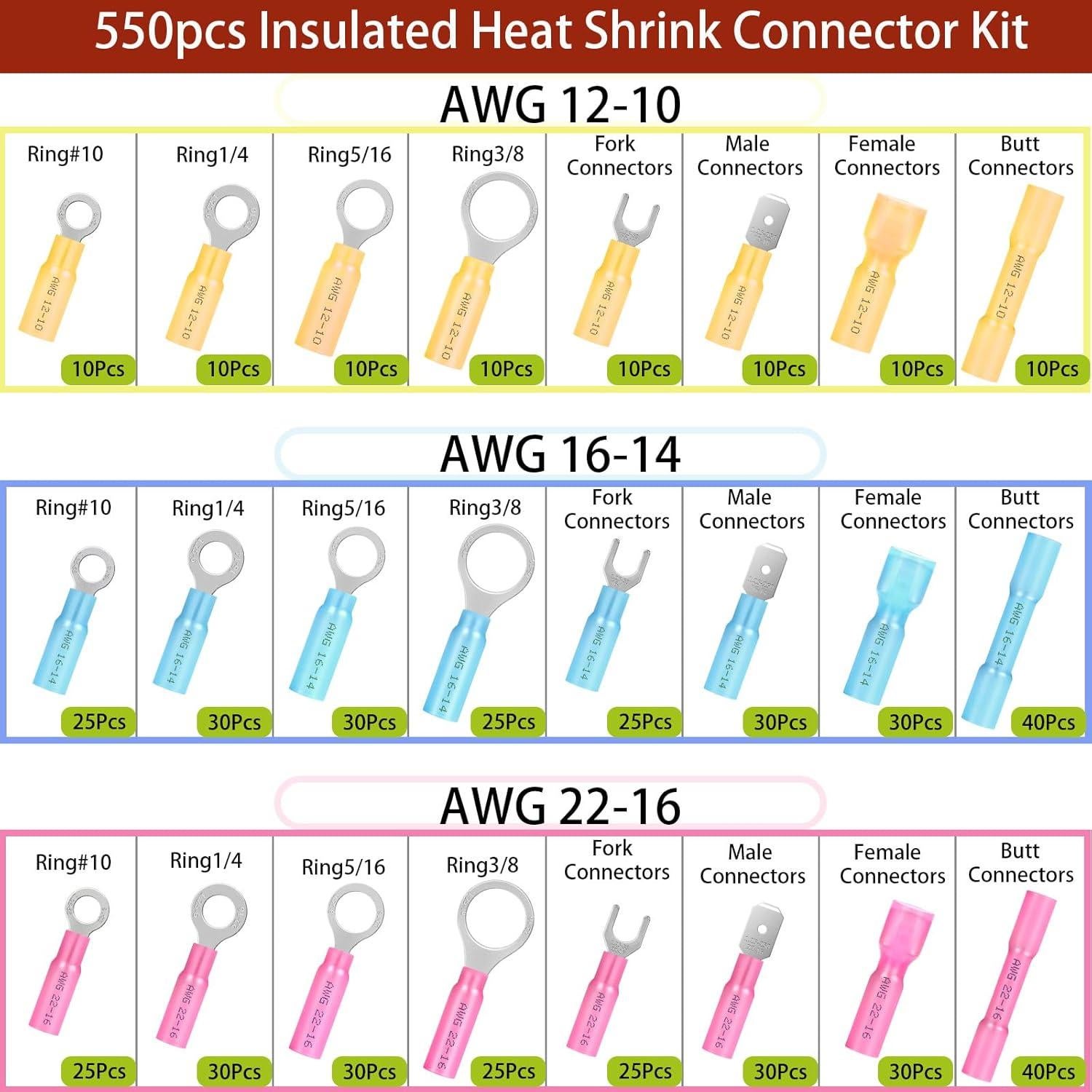 Kit de Conectores Termocontraíbles Twippo 550 Piezas 22-10AWG