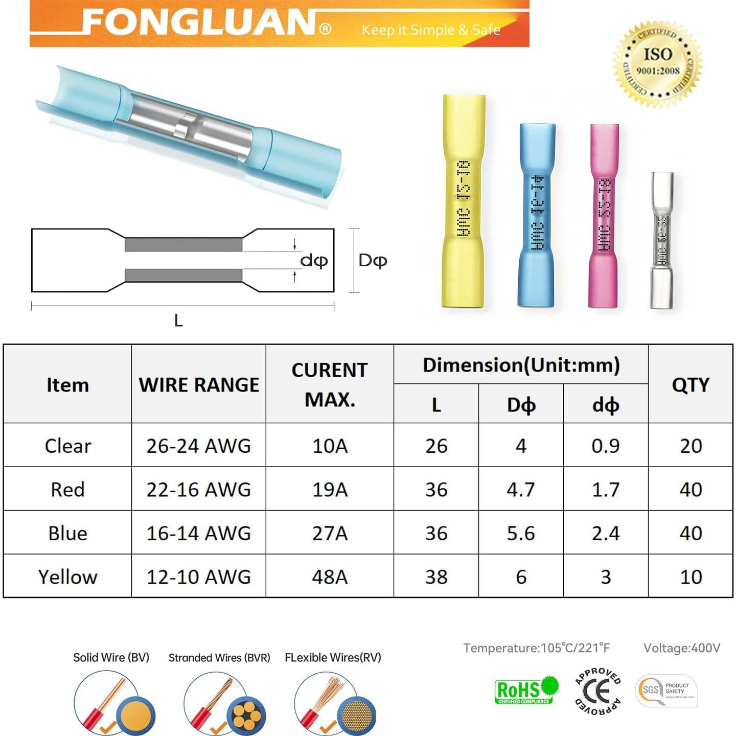 Kit de Conectores Termoretráctiles FONLUN 110 Piezas 26-10 AWG