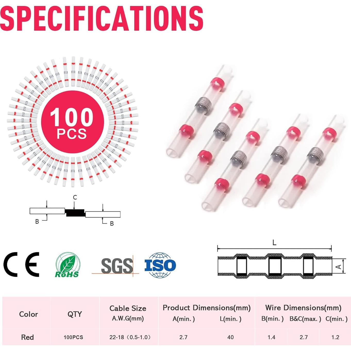 Conectores de Cable Termorretráctiles Kuject 100PCS AWG 22-18