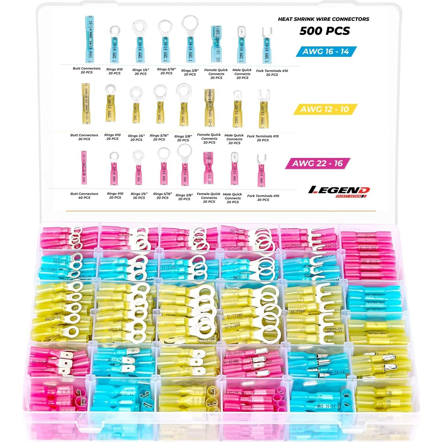 Kit de Conectores Termoretráctiles Legend 37 - 500 Piezas, 22-10 AWG