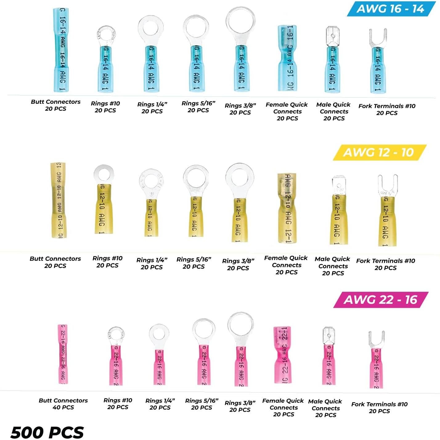 Kit de Conectores Termoretráctiles Legend 37 - 500 Piezas, 22-10 AWG