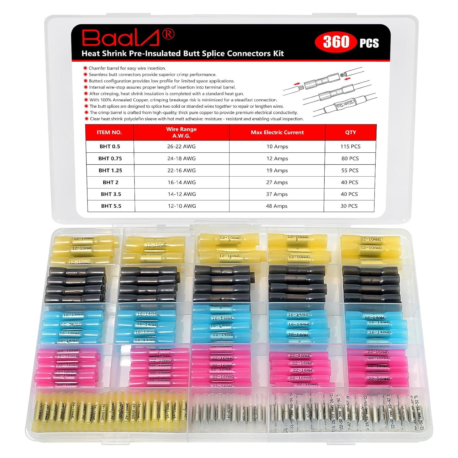 Kit de 360 Conectores de Empalme Termocontraíbles BAALA 26-10 AWG