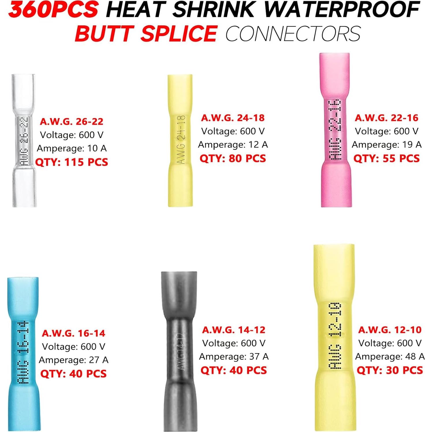 Kit de 360 Conectores de Empalme Termocontraíbles BAALA 26-10 AWG