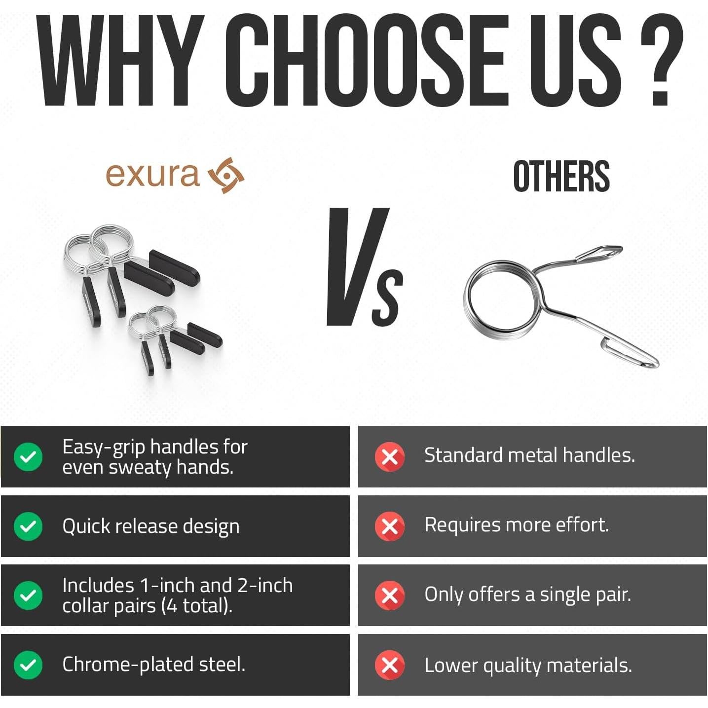 Collares de Resorte Exura para Barra Olímpica 2" y 1" - Clips de Pesas