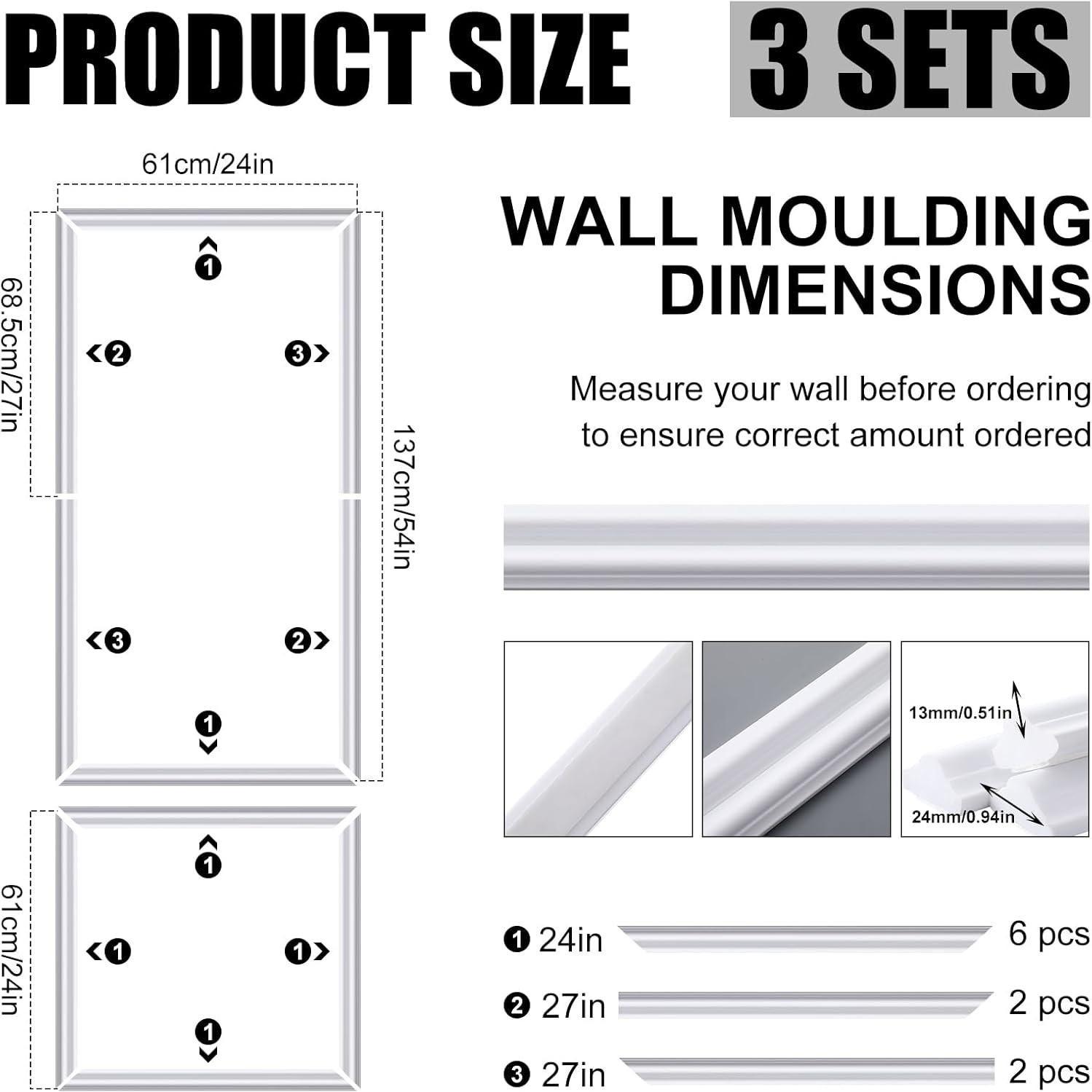 Kit de Moldura de Pared Autoadhesiva Pangda 3D 3 Set 137x61 cm