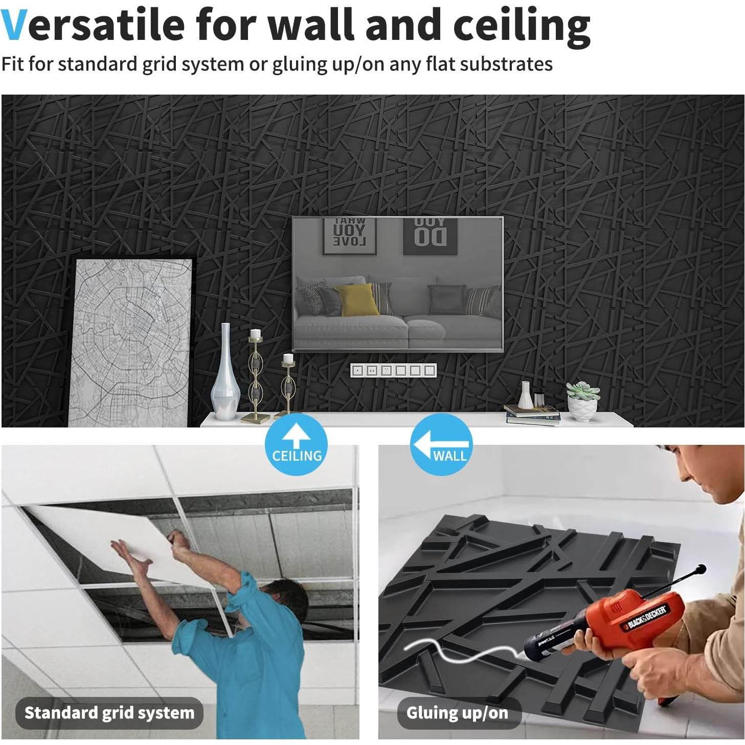 Paneles de Pared 3D Art3d PVC Negro 500x500mm Paquete 12