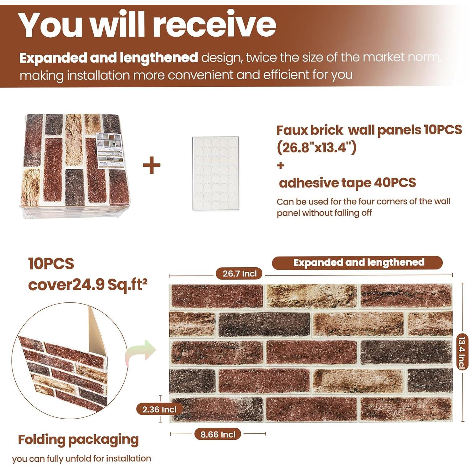 Paneles de Pared 3D Autoadhesivos Abyssaly 10 PCS Ladrillo Rojo