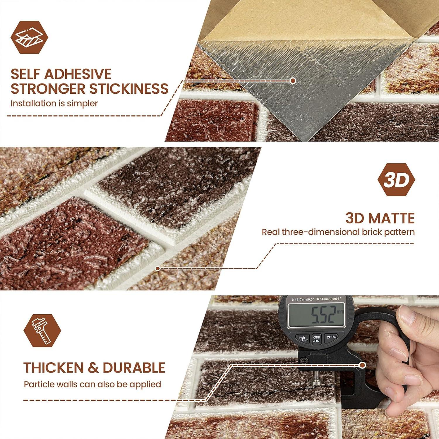 Paneles de Pared 3D Autoadhesivos Abyssaly 10 PCS Ladrillo Rojo