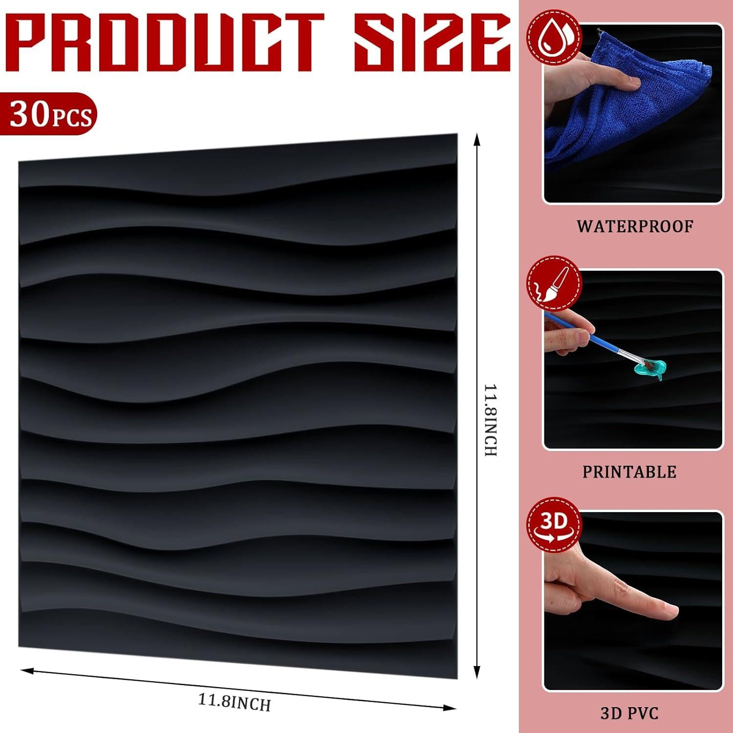 Paneles de Pared 3D Chunful 30 Pcs PVC 30x30 cm Negro