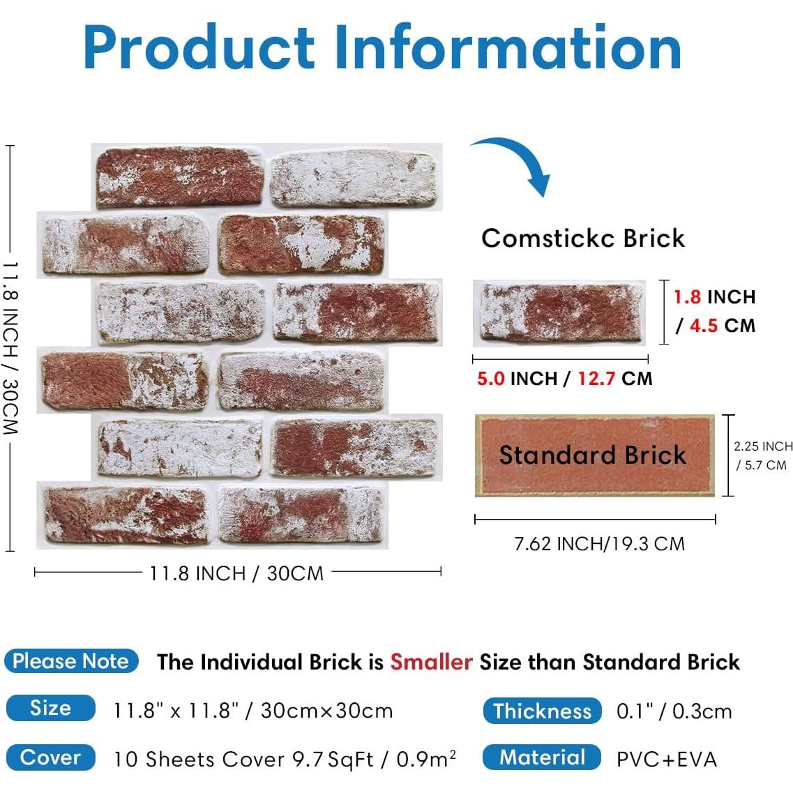 Paneles de Pared 3D Adhesivos COMSTICKC Ladrillo PVC 10 Piezas