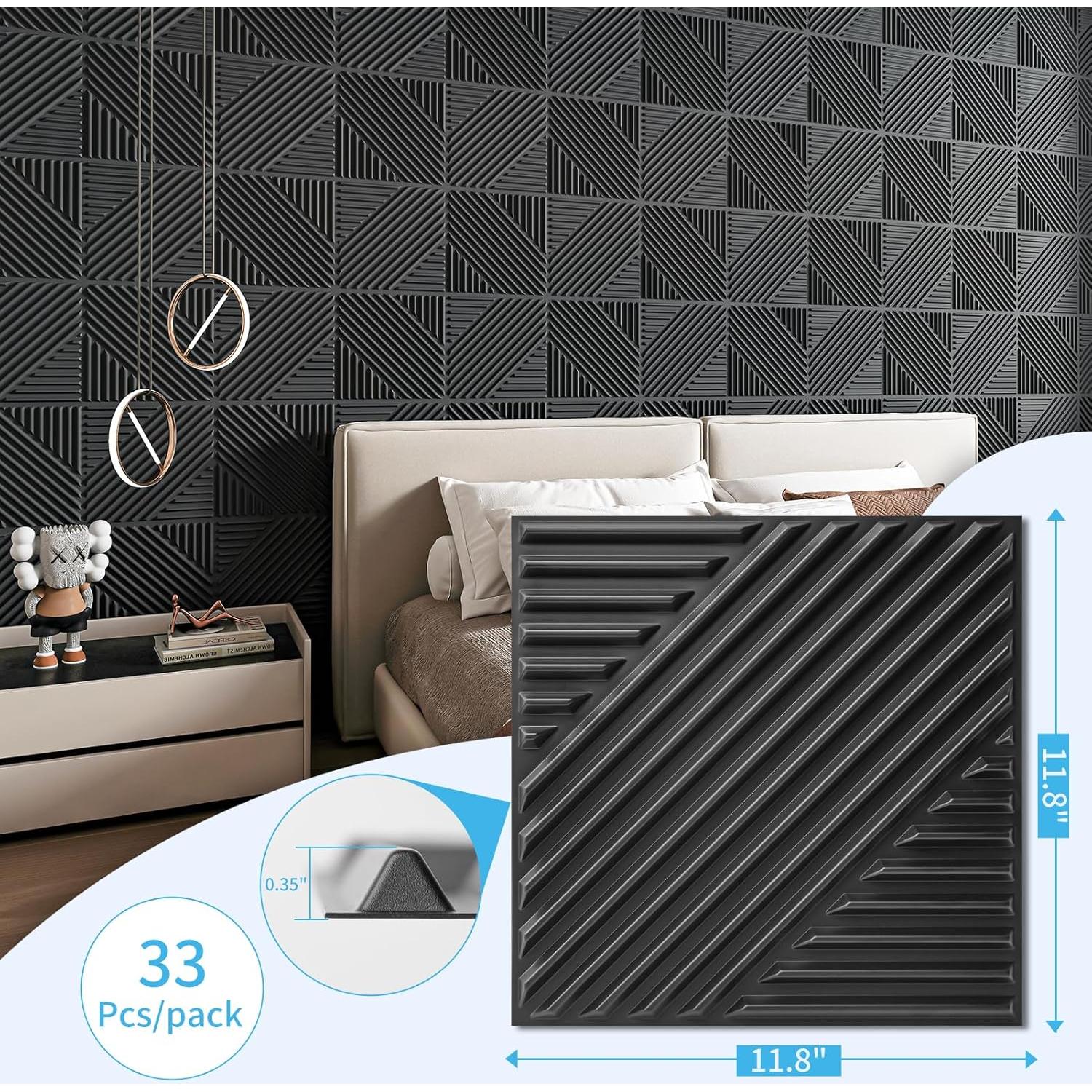 Paneles de Pared 3D Art3d 33 Pack PVC Negro 30.48cm