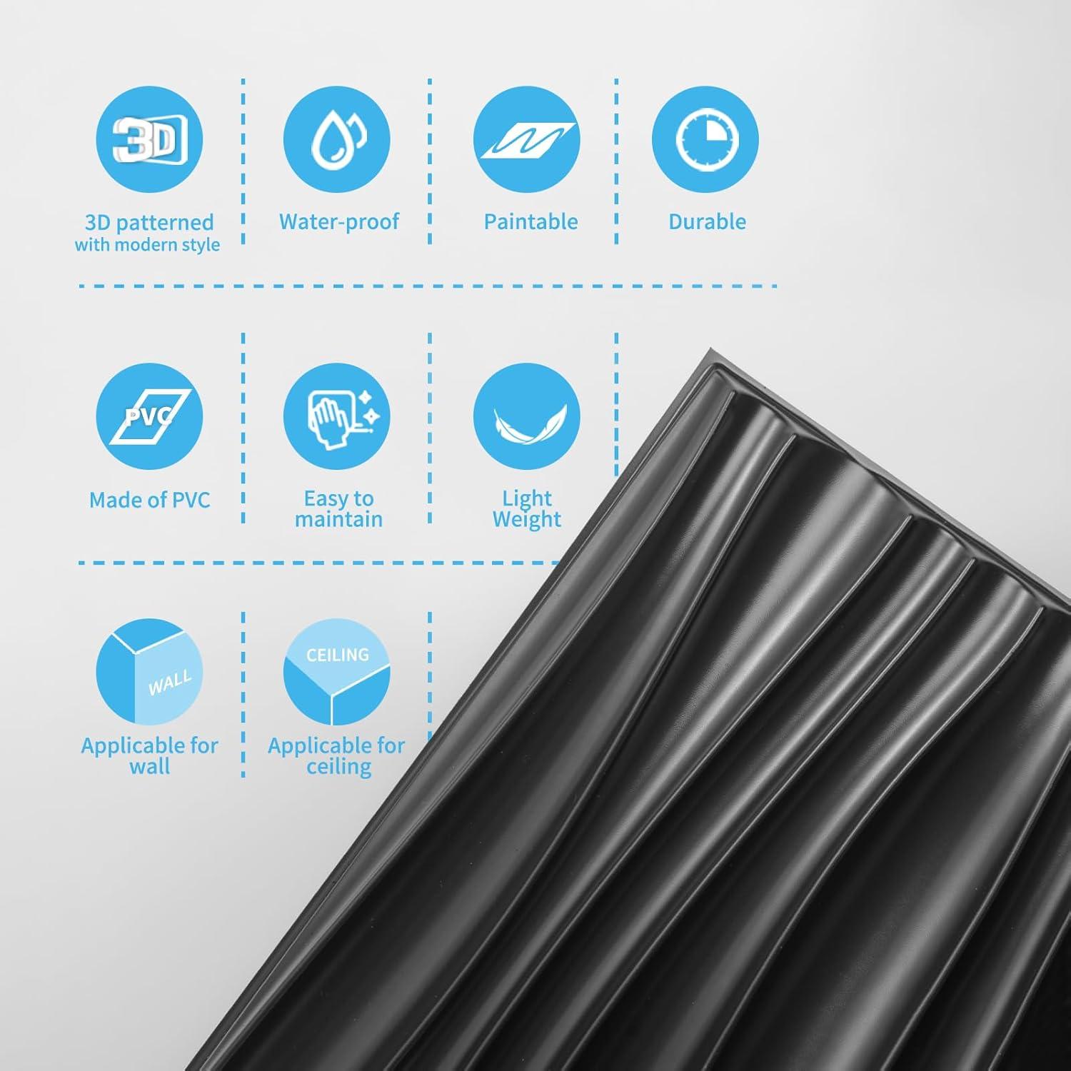 Paneles de Pared 3D Art3d 24-Pack PVC Negro 39.9x29.9 cm