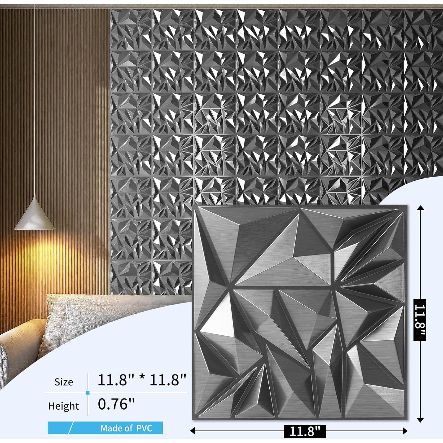 Paneles de Pared 3D Art3d - 33 Piezas Texturizados Diamante 30.48 cm Plata