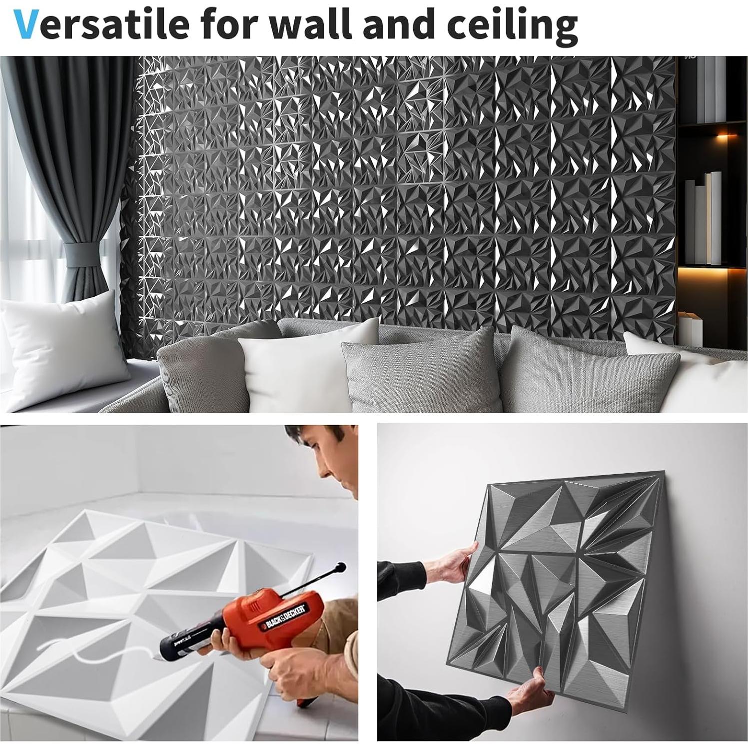 Paneles de Pared 3D Art3d - 33 Piezas Texturizados Diamante 30.48 cm Plata