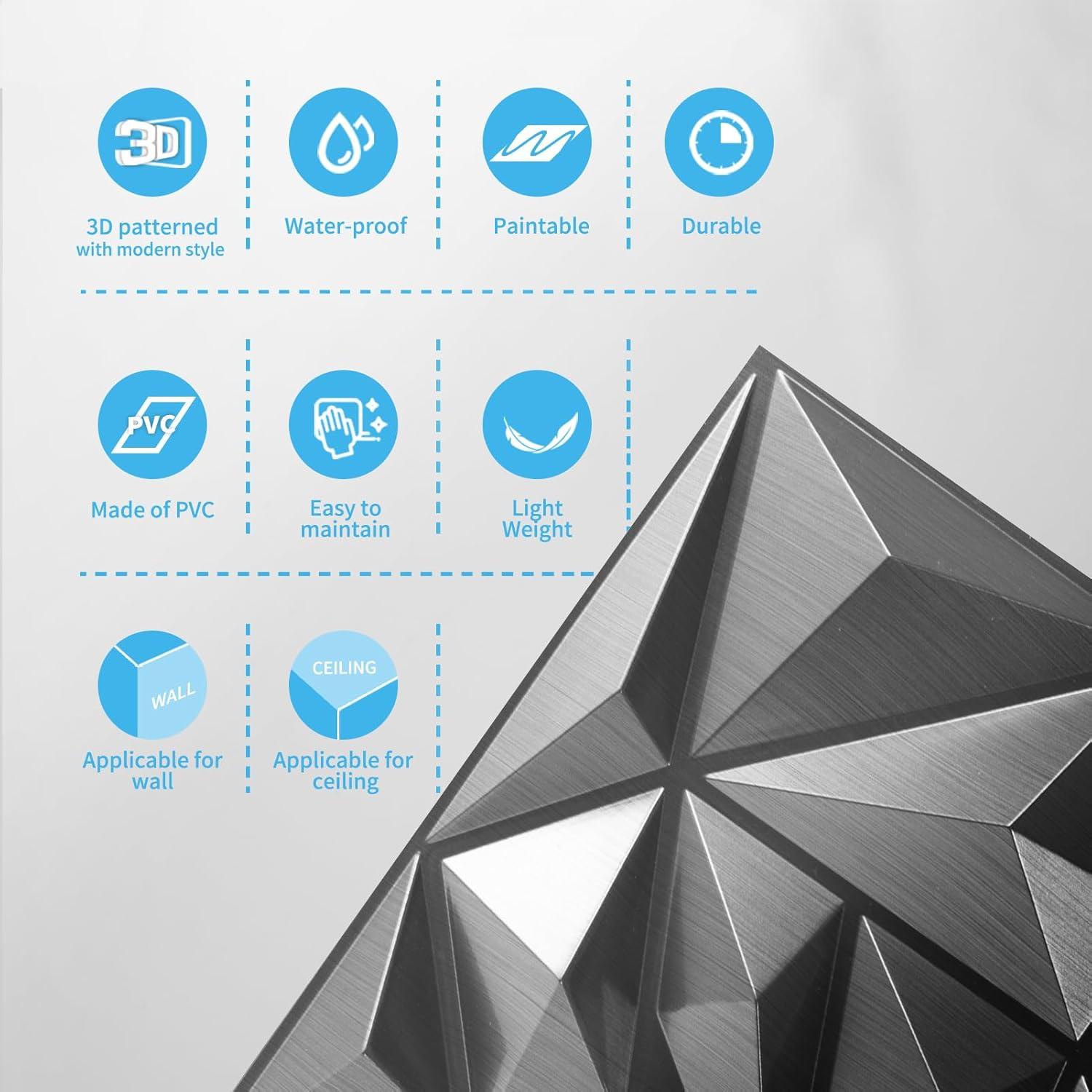 Paneles de Pared 3D Art3d - 33 Piezas Texturizados Diamante 30.48 cm Plata