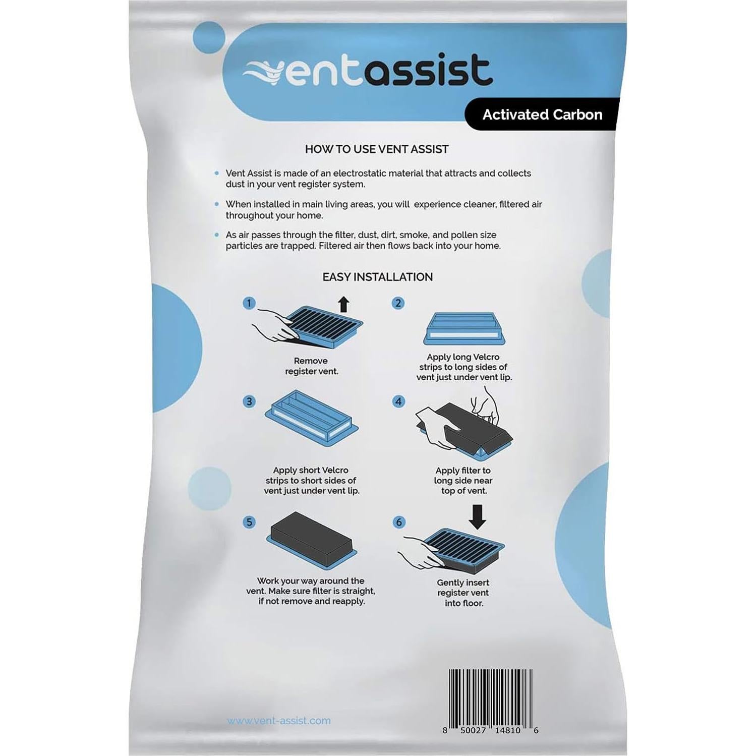 Filtros de Aire Vent Assist 10x25 cm Carbón Activado MERV 8 - 12 Pzas