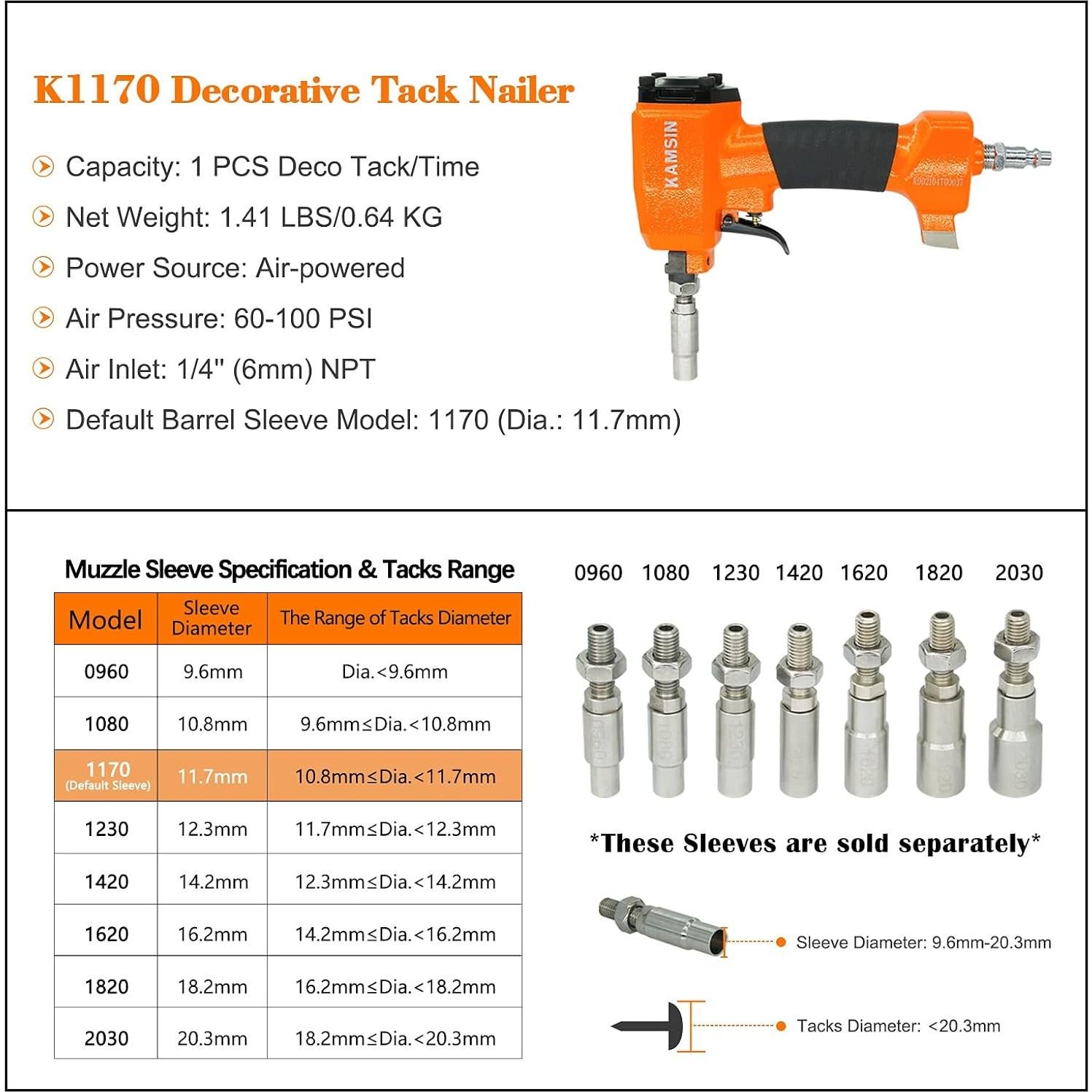 Pistola de Chinchetas Neumática KAMSIN 1170 con Manguito 16.2mm