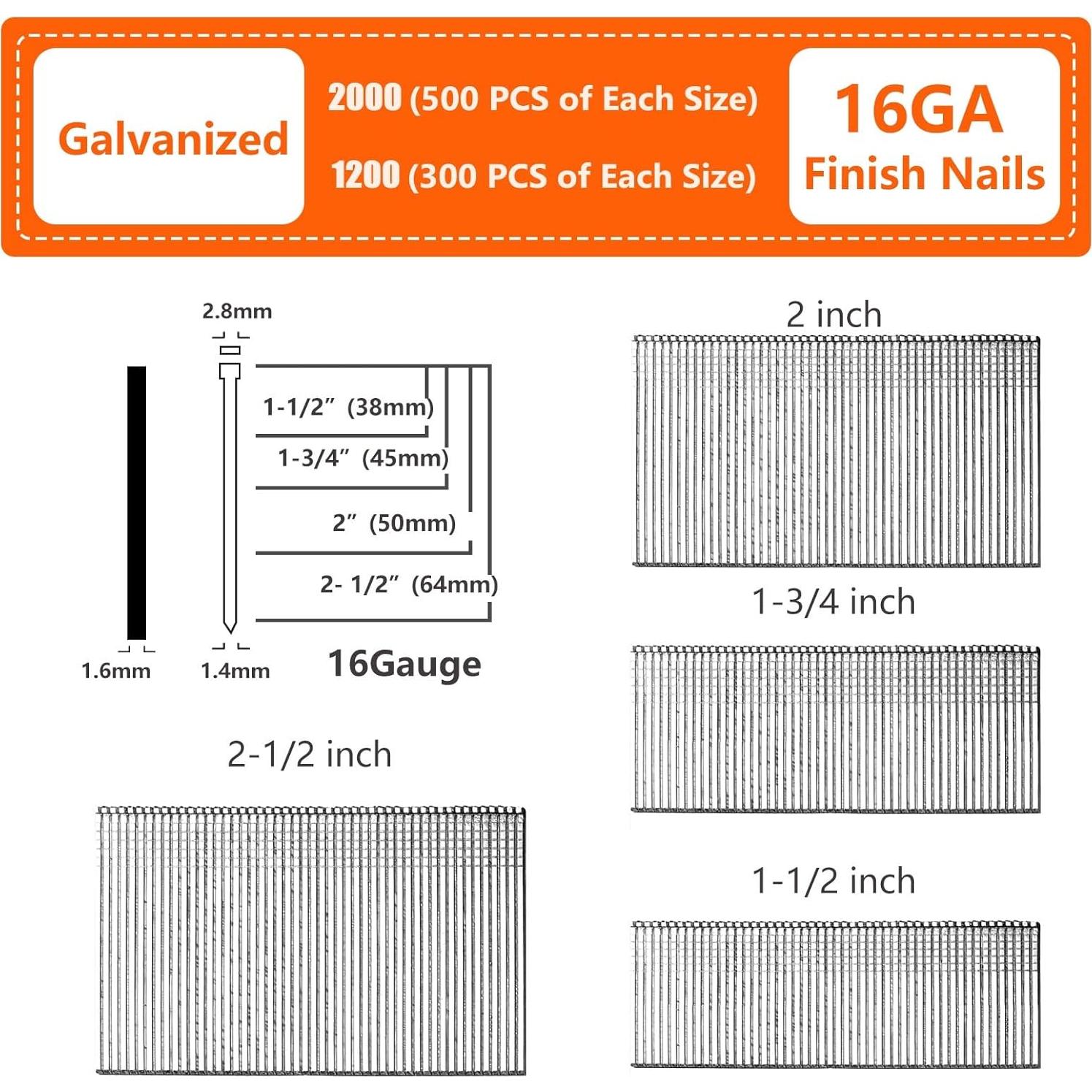 Clavos de Acabado Rectos Galvanizados SITLDY 16GA 2000 Piezas