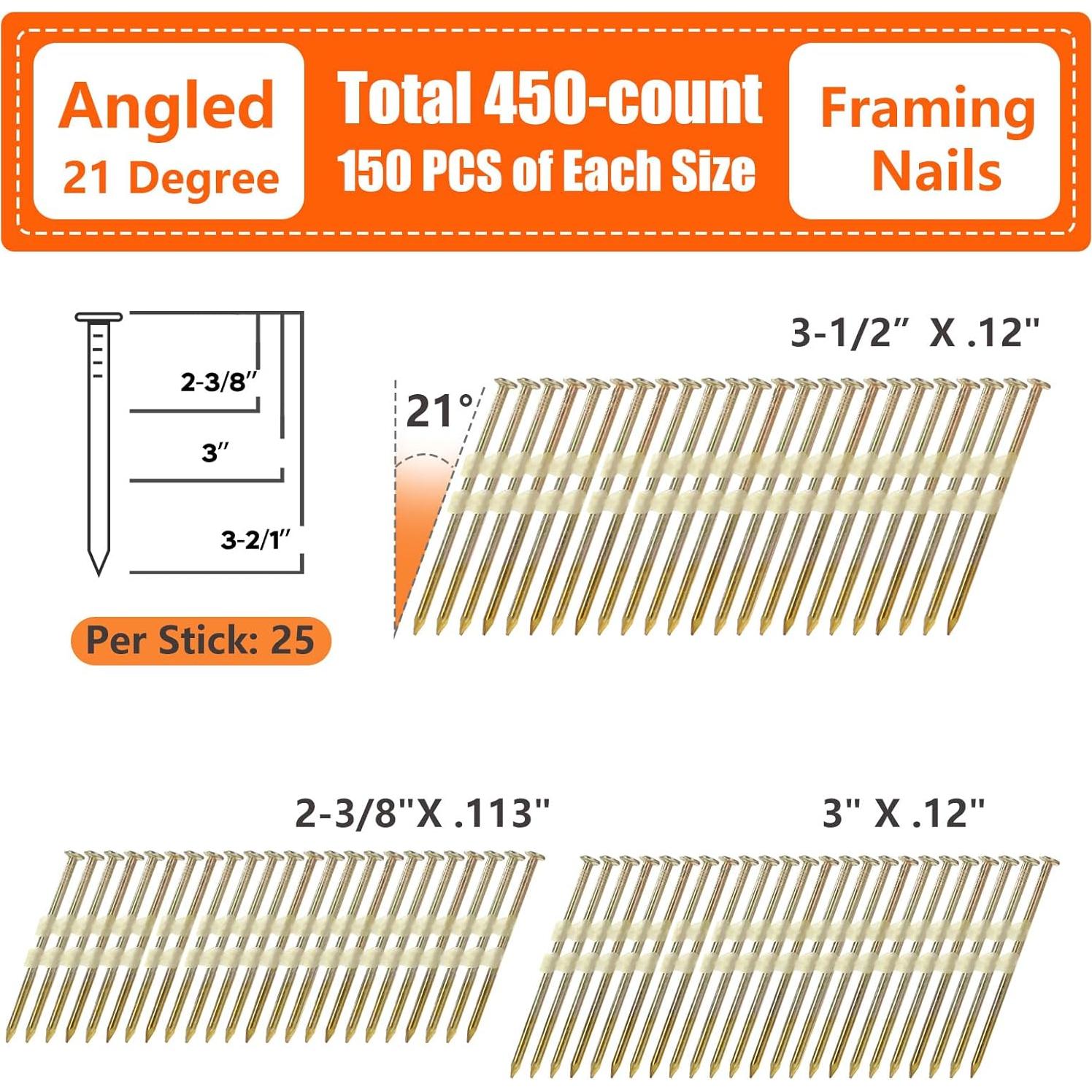 Clavos de Enmarcado 21 Grados SITLDY 450 PCS 3 Tamaños
