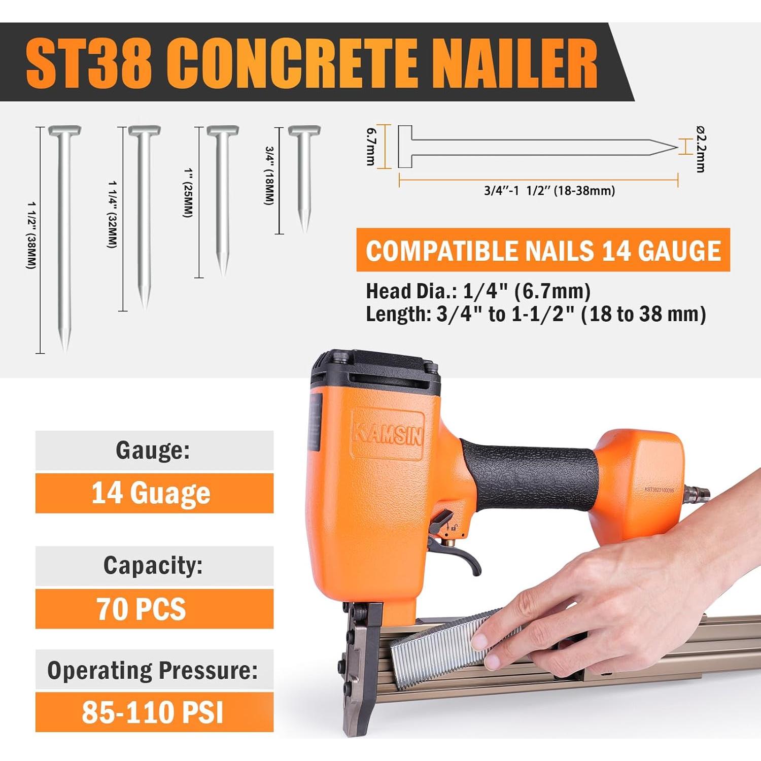 Clavadora Neumática KAMSIN ST38 para Concreto 14 Gauge 18-38 mm