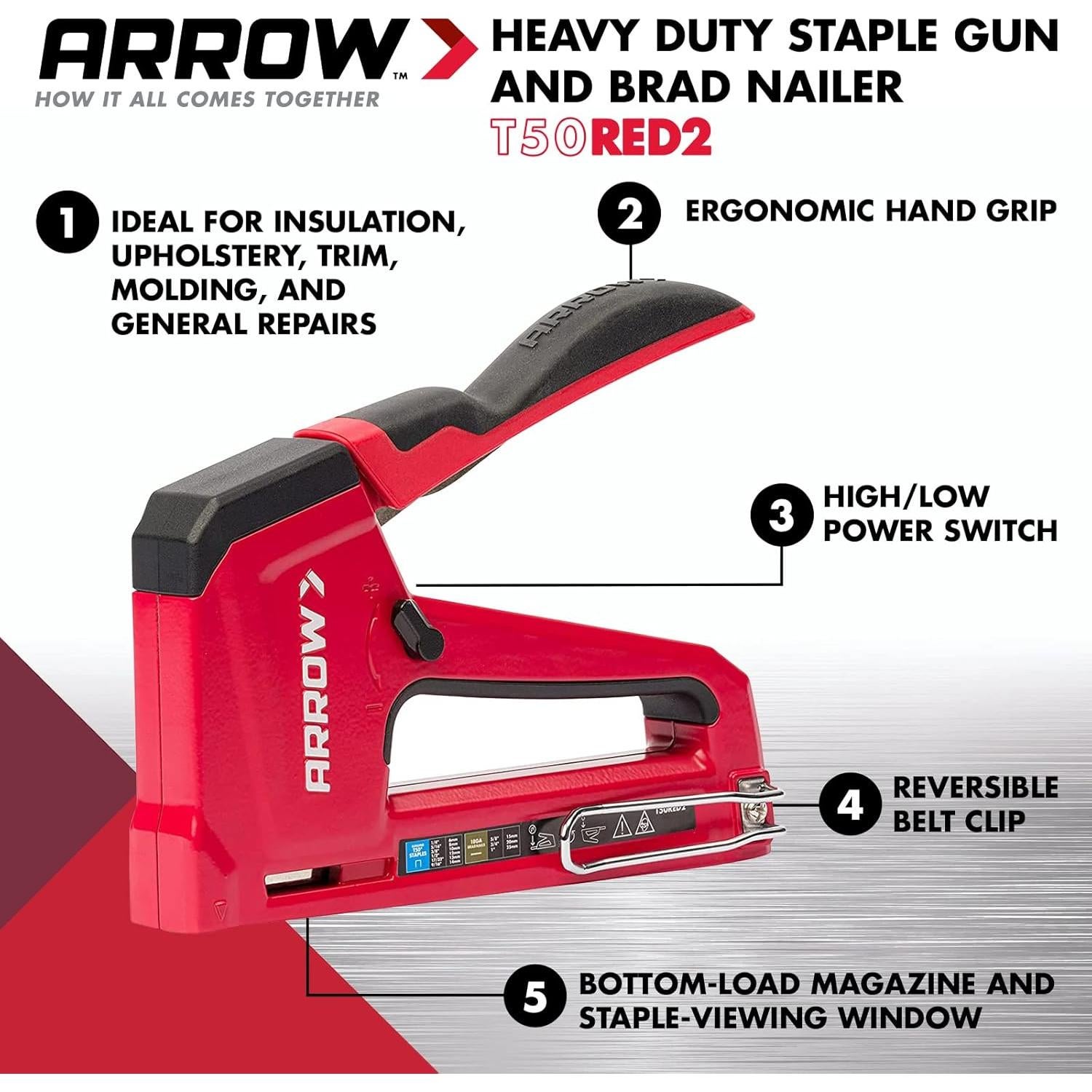 Grapadora Manual 2-en-1 Arrow T50RED2 para Tapicería y Aislamiento