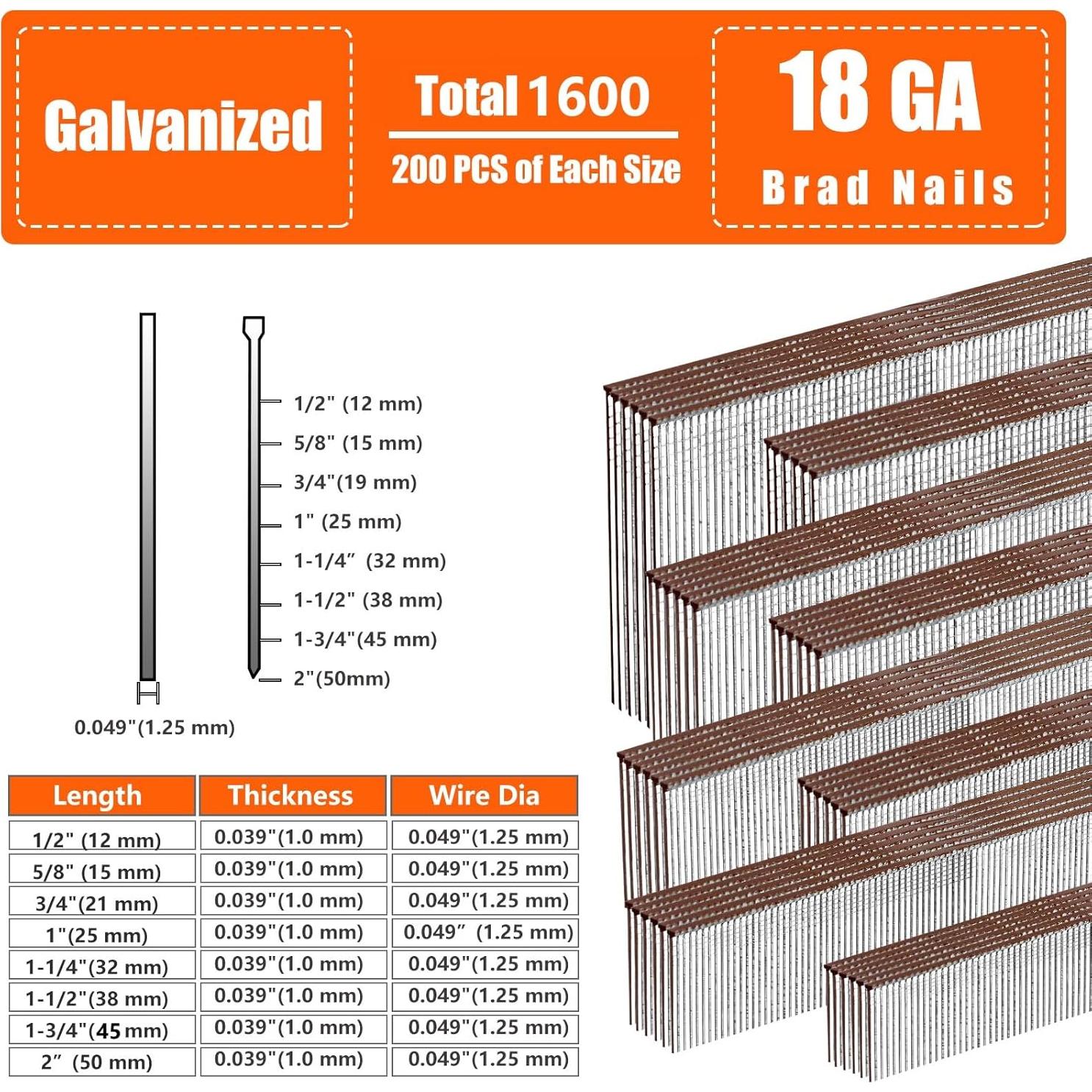 Clavos Brad Galvanizados 18G Marrón T-Head 1600-Pack 8 Tamaños