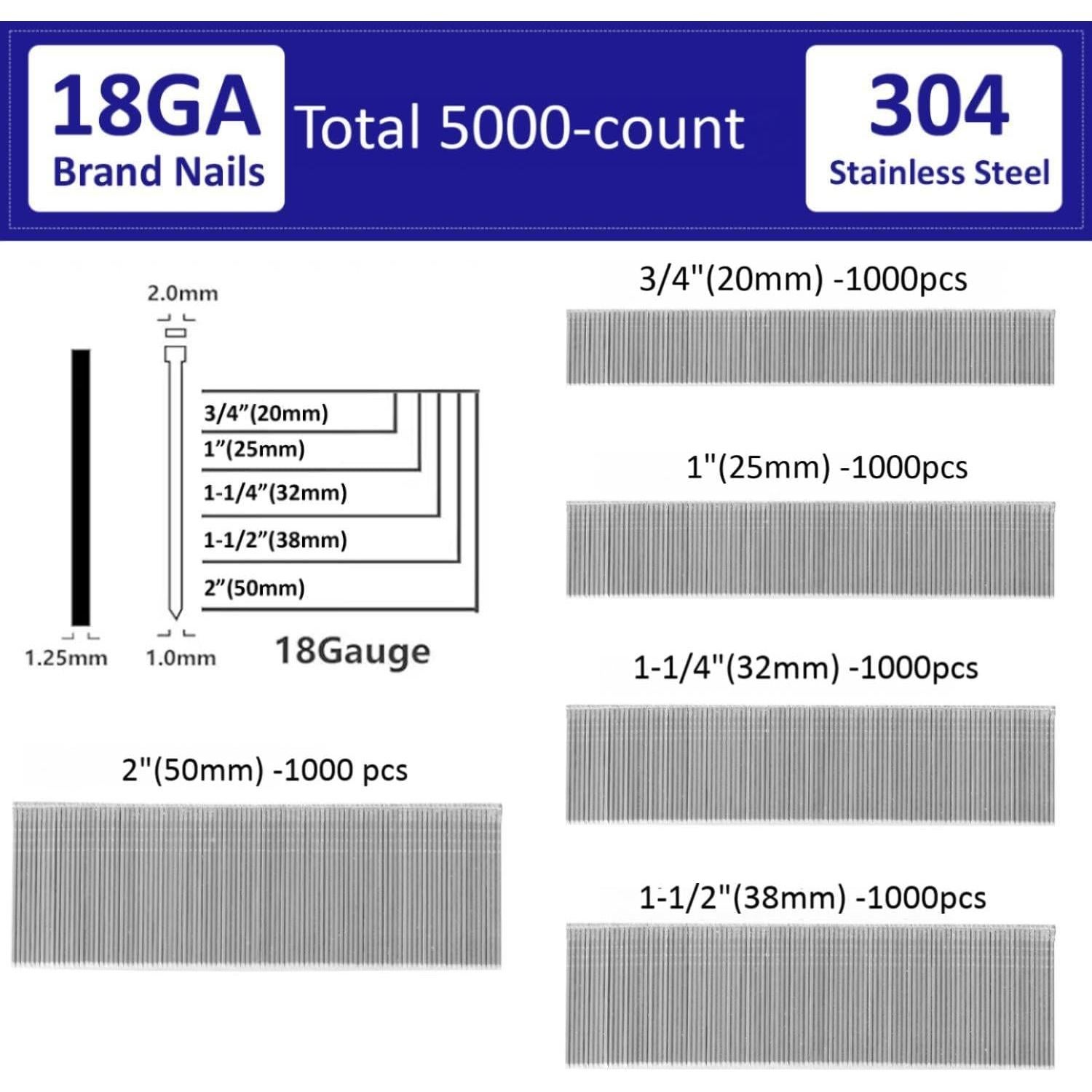 Clavos Brad 18GA Kofdvdz Acero Inoxidable 304 5000 pcs