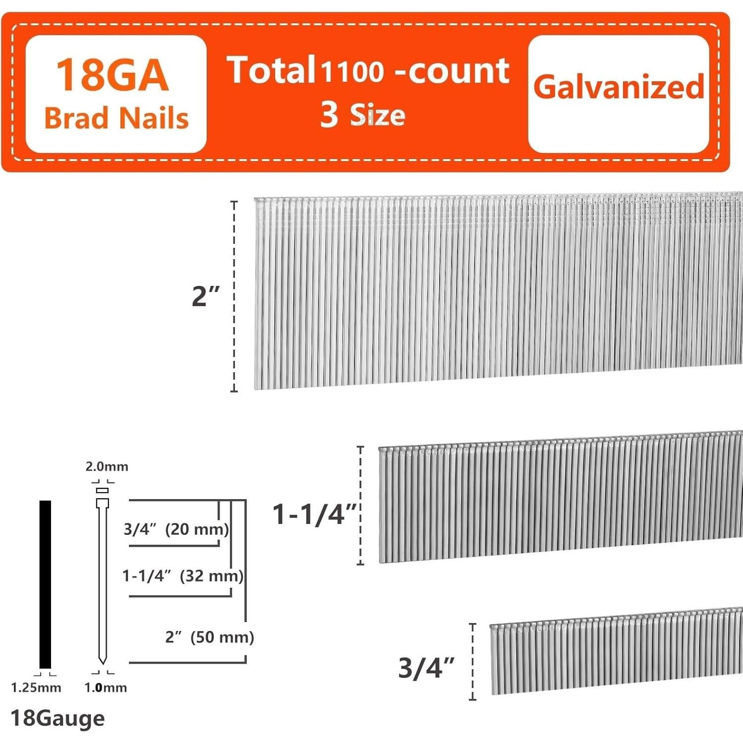 Clavos Brad Galvanizados 1100 Pcs 3 Tamaños para Clavadoras