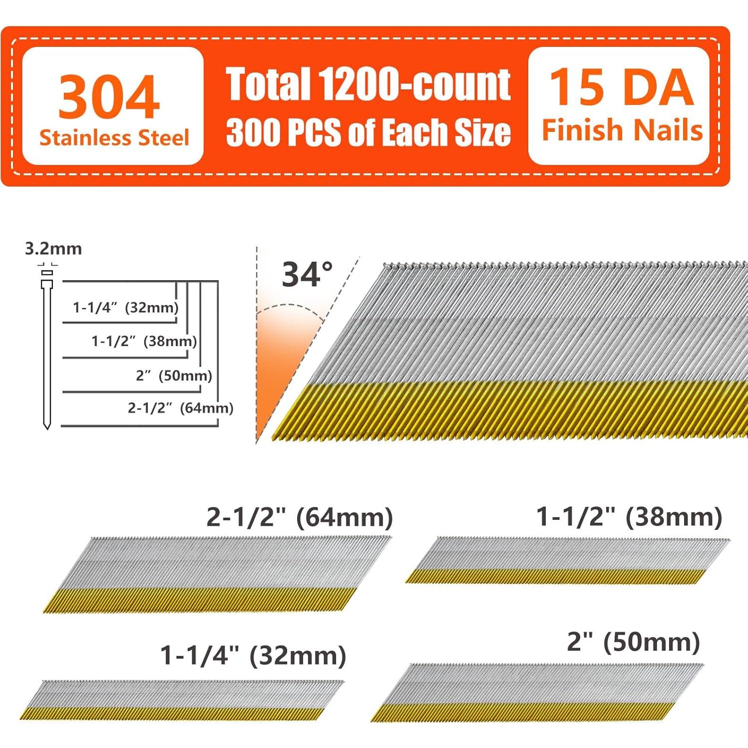 Clavos de Acabado Angulados DA 15 Gauge Acero Inoxidable 1200 Pzas