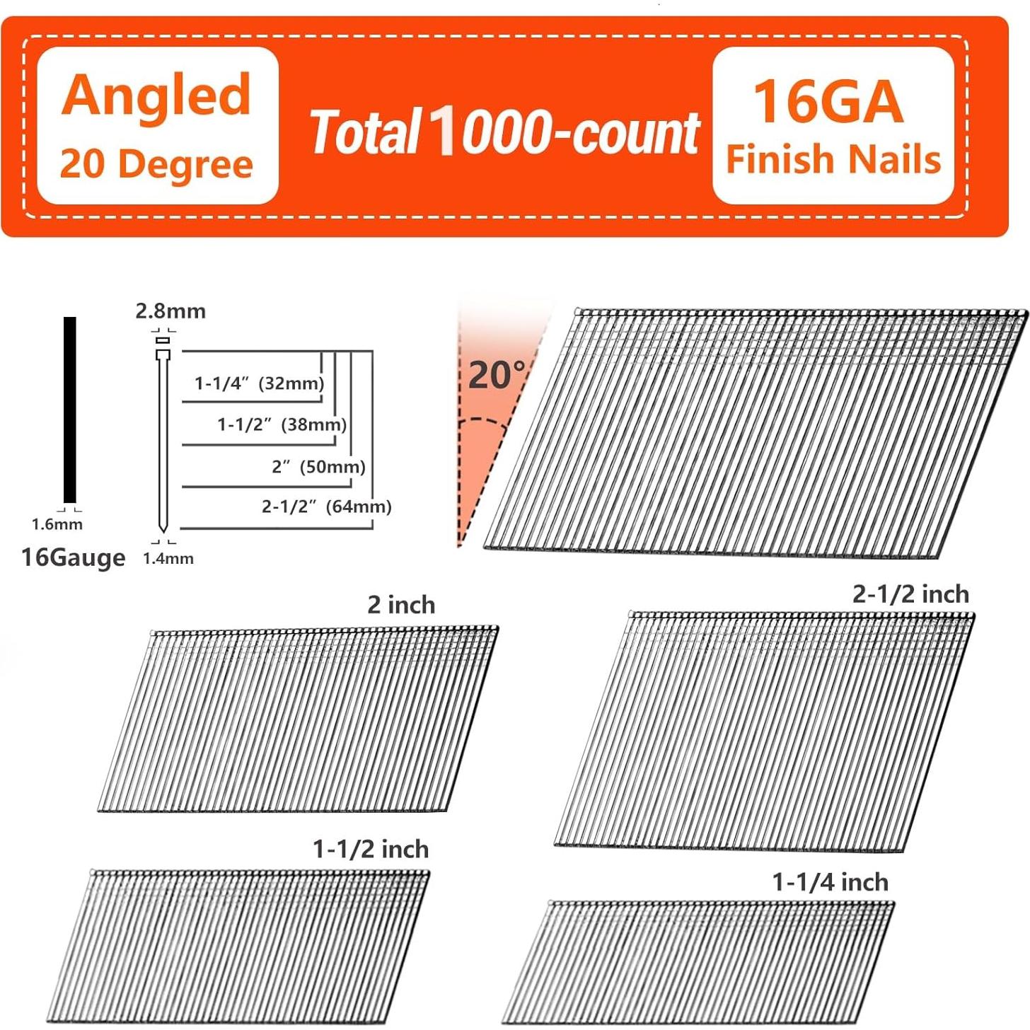 Clavos de Acabado Angulados 16GA SITLDY 3.81cm 1000 Unidades Galvanizados