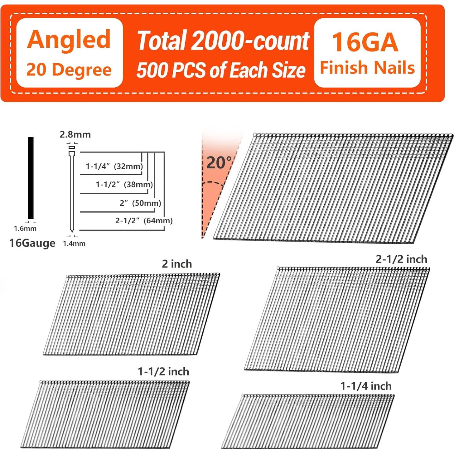 Clavos de Acabado Angulados 16 Gauge Galvanizados SITLDY 2000 Pcs