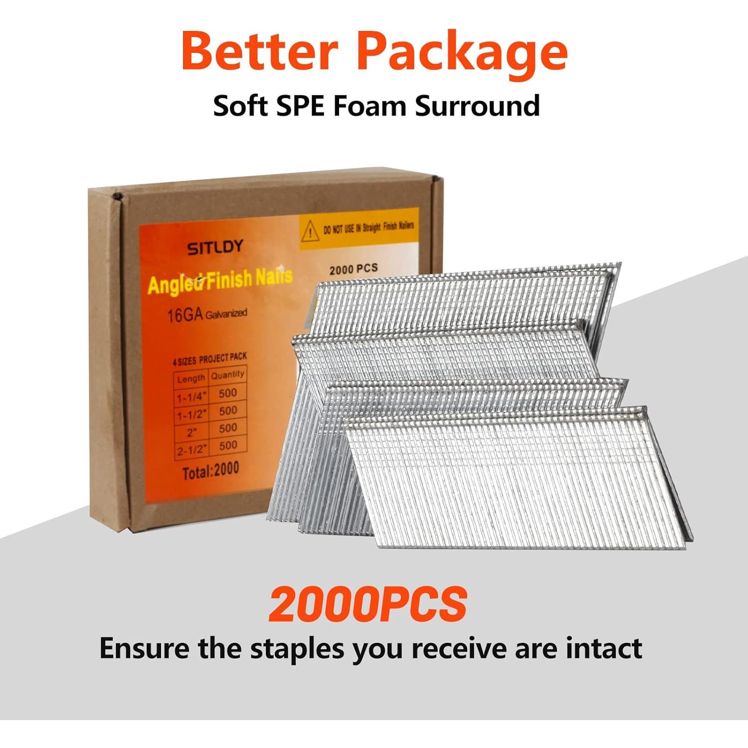 Clavos de Acabado Angulados 16 Gauge Galvanizados SITLDY 2000 Pcs