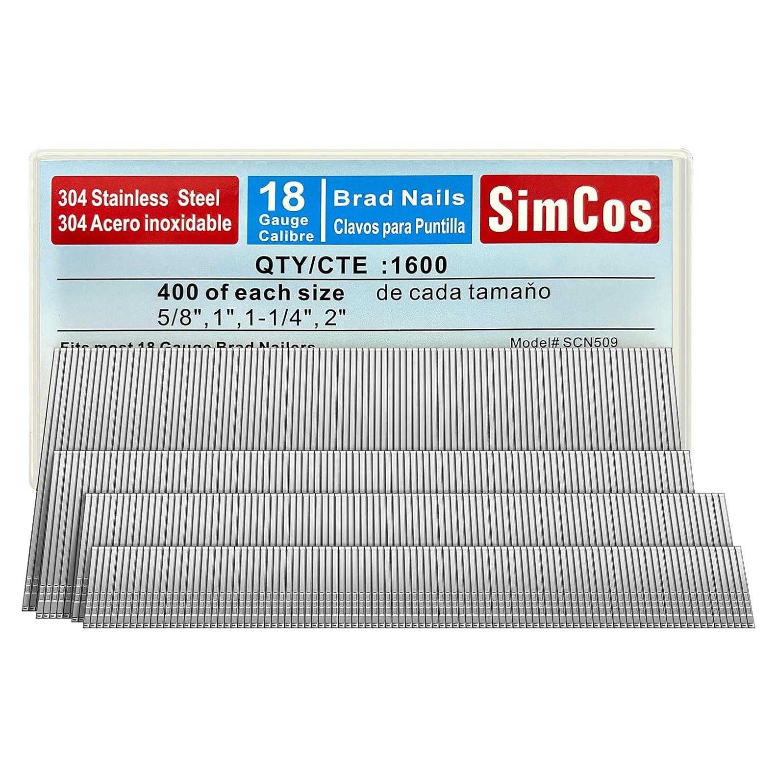 Clavos Brad 18 GA SimCos 1600 pcs Acero Inoxidable 1.59-5.08 cm