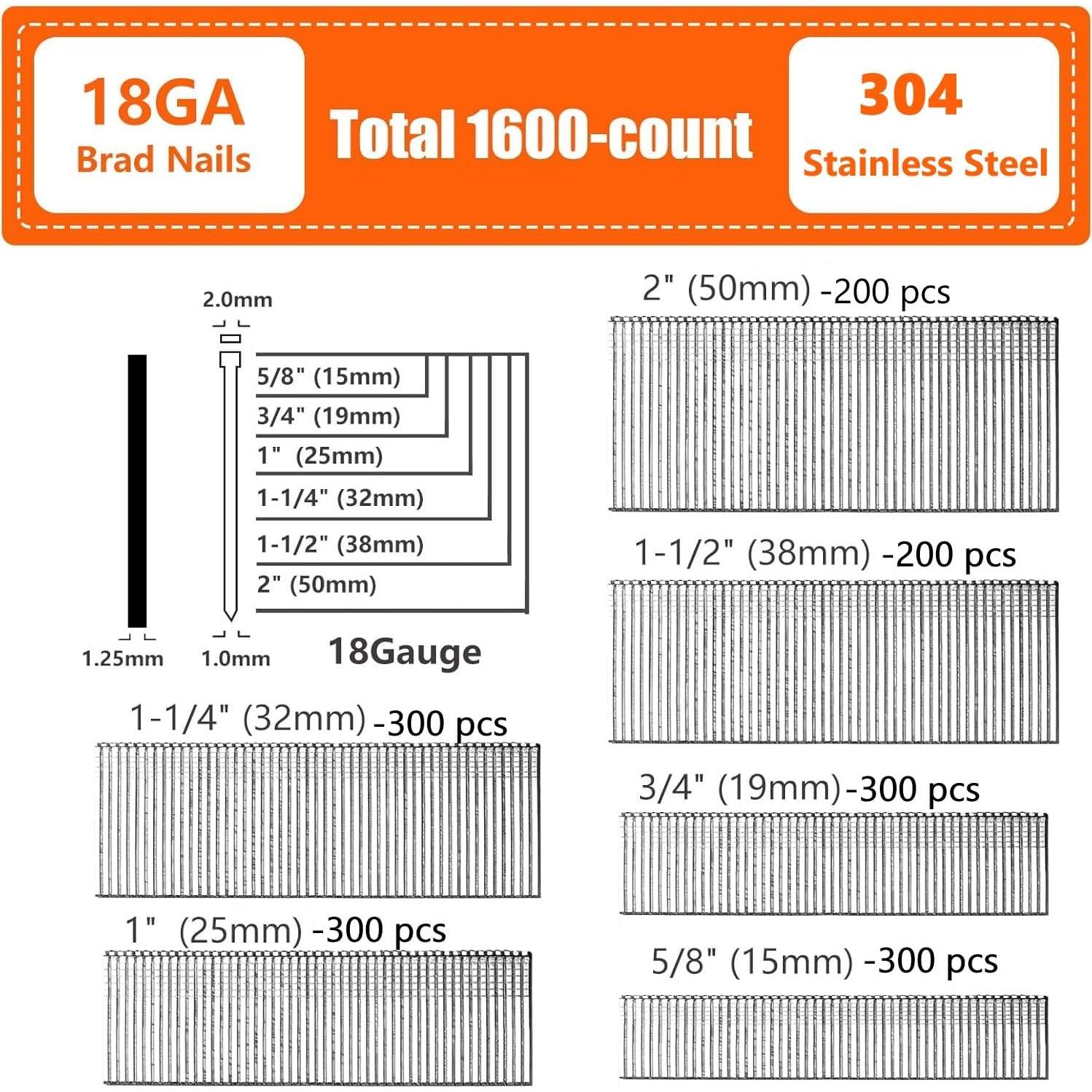 Clavos Brad de Acero Inoxidable 304 18GA 1600 Unidades Variados