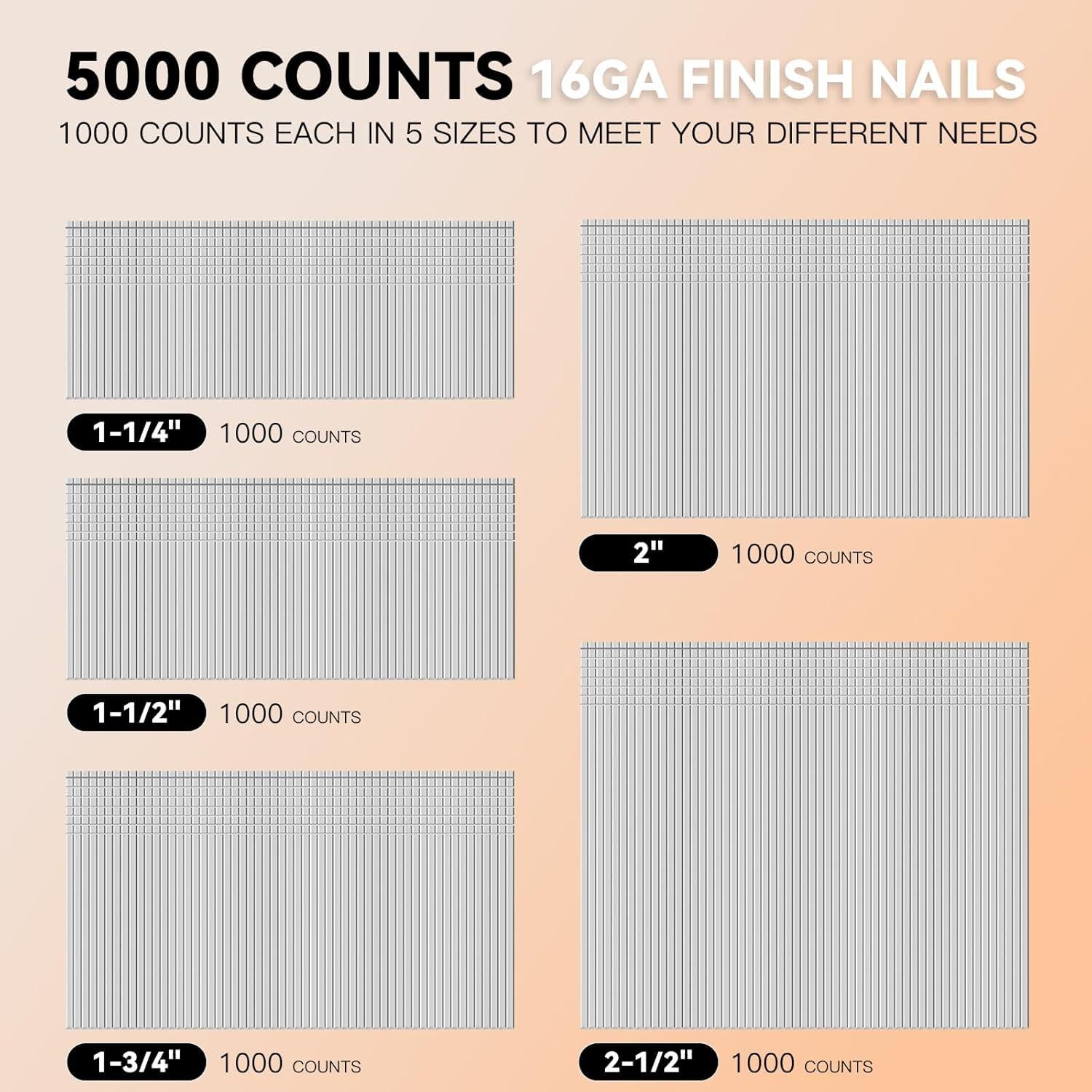 Clavos de Acabado 16 Gauge NIANRONGHUA 5000 Piezas 5 Tamaños