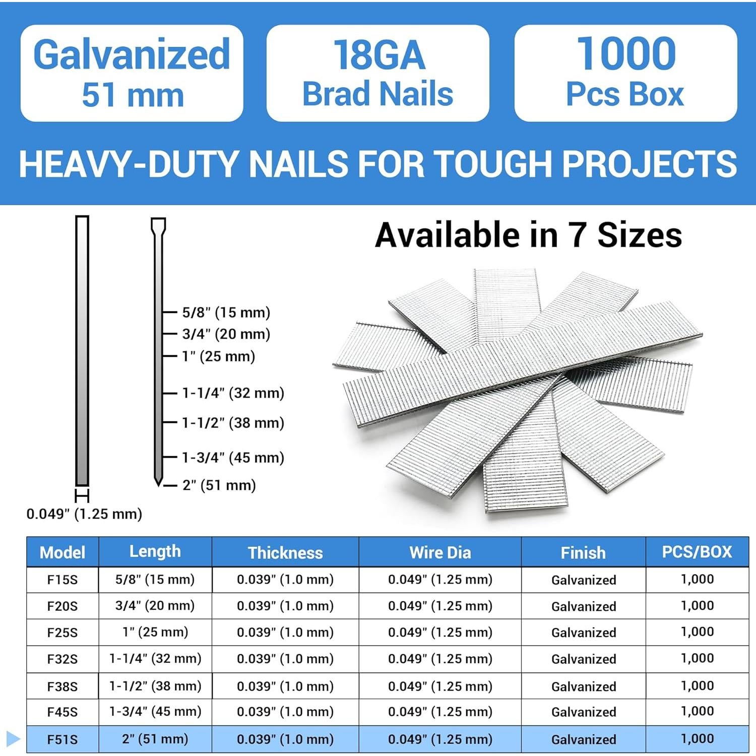 Clavos Brad Galvanizados Meite 18 Gauge 50 mm 1000 Unidades