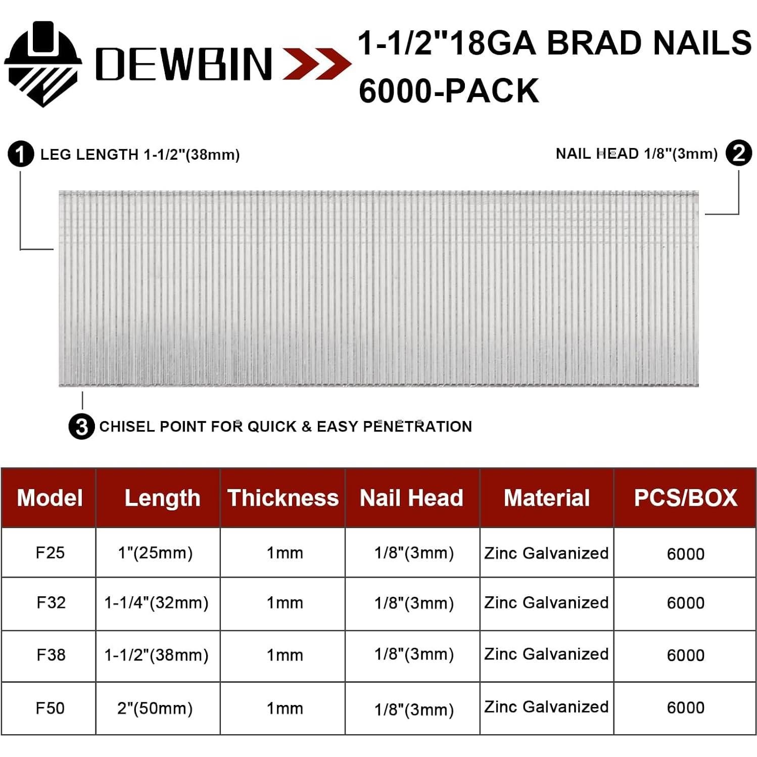 Clavos Brad DEWBIN 18 GA 6000 Pcs 38mm Galvanizados
