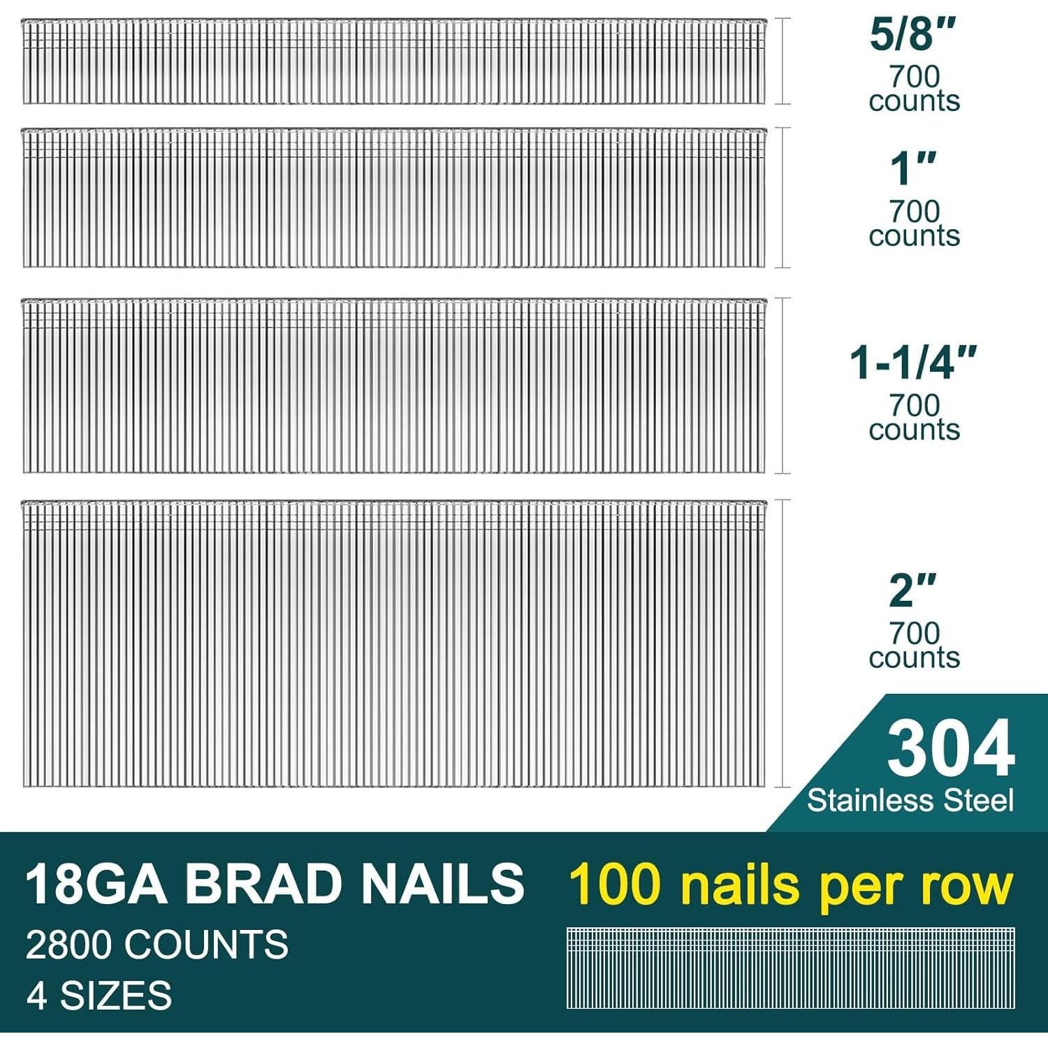 Clavos Brad 18 GA Acero Inoxidable 304 - 1500 Pcs Variados