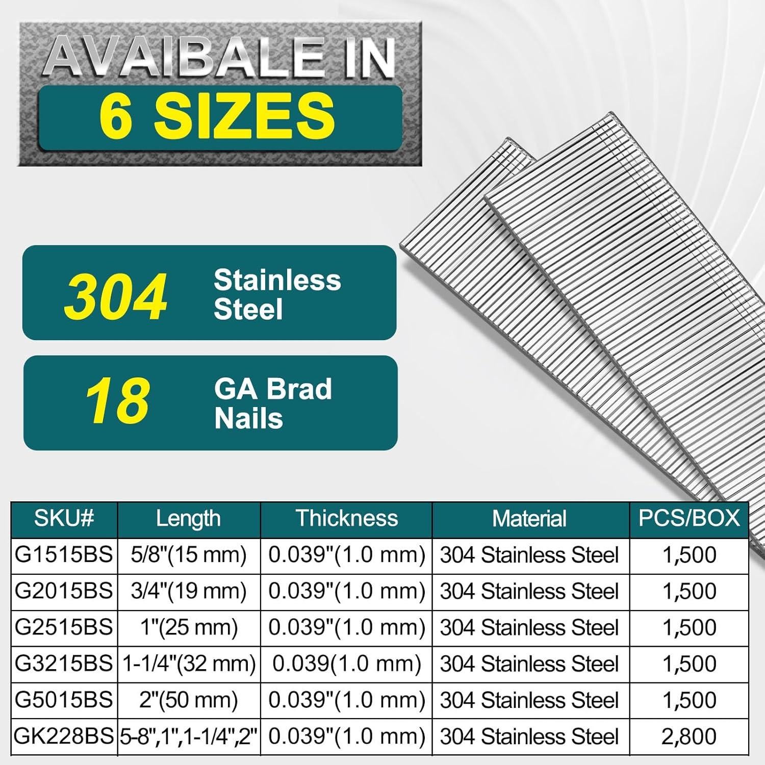 Clavos Brad 18 GA Acero Inoxidable 304 - 1500 Pcs Variados