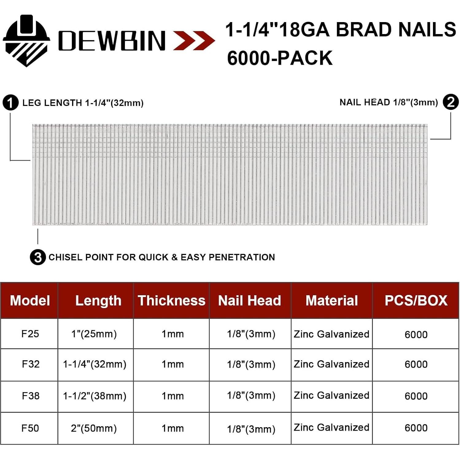 Clavos Brad DEWBIN 18GA Galvanizados 6000 Pcs 32mm