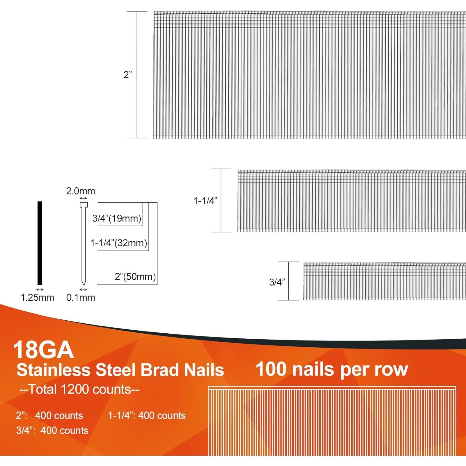 Clavos de Brad Acero Inoxidable 18GA 1200 Piezas 5cm 3cm 1.9cm