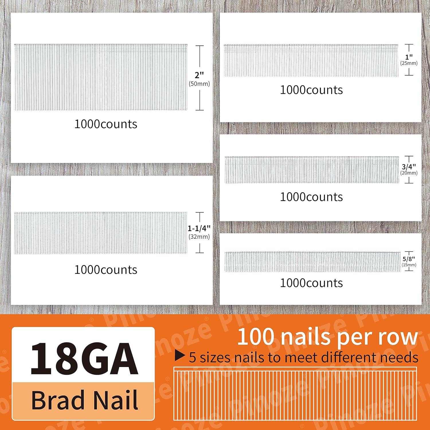 Clavos Brad 18GA Galvanizados PINOZE 5000 Piezas 5 Tamaños