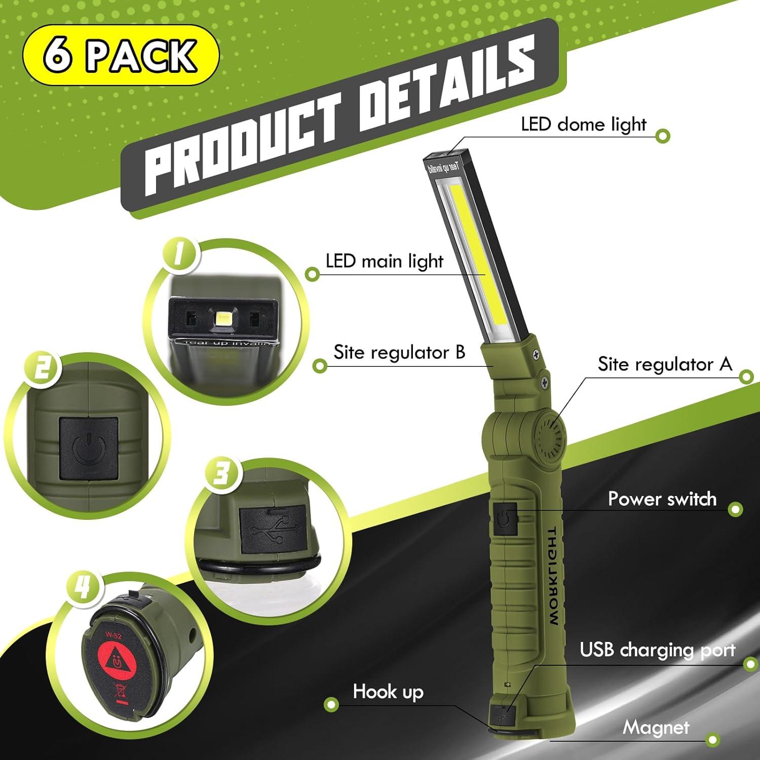 6 Linternas LED Recargables Rossesay 5 Modos 360° Verde Oscuro