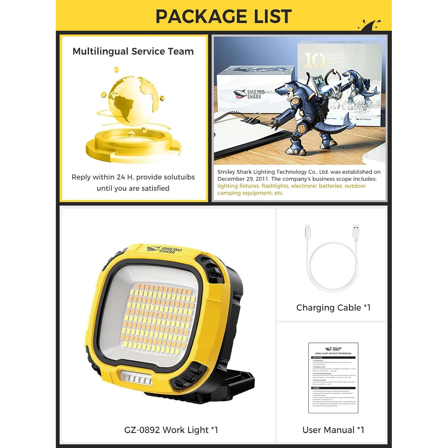 Luz de Trabajo Smiling Shark LED 4000 Lúmenes 18 Modos Recargable