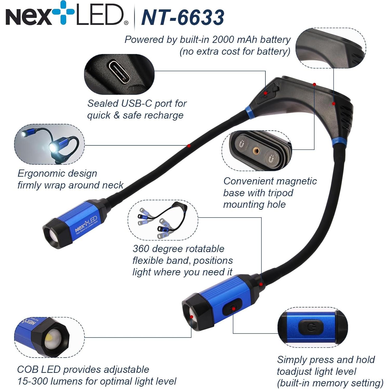 Luz de Trabajo de Cuello Recargable NextLED NT-6633 IPX4 2000mAh