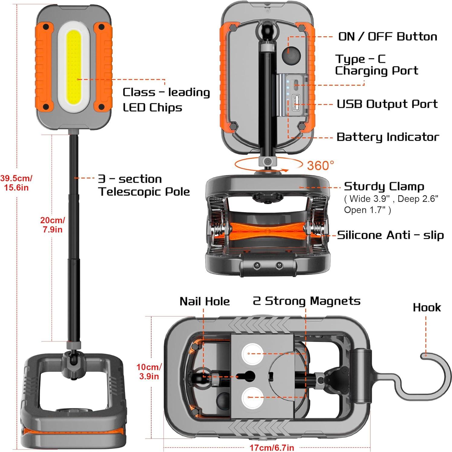 Luz de Trabajo LED Recargable Molrebe 3000LM con Pinza